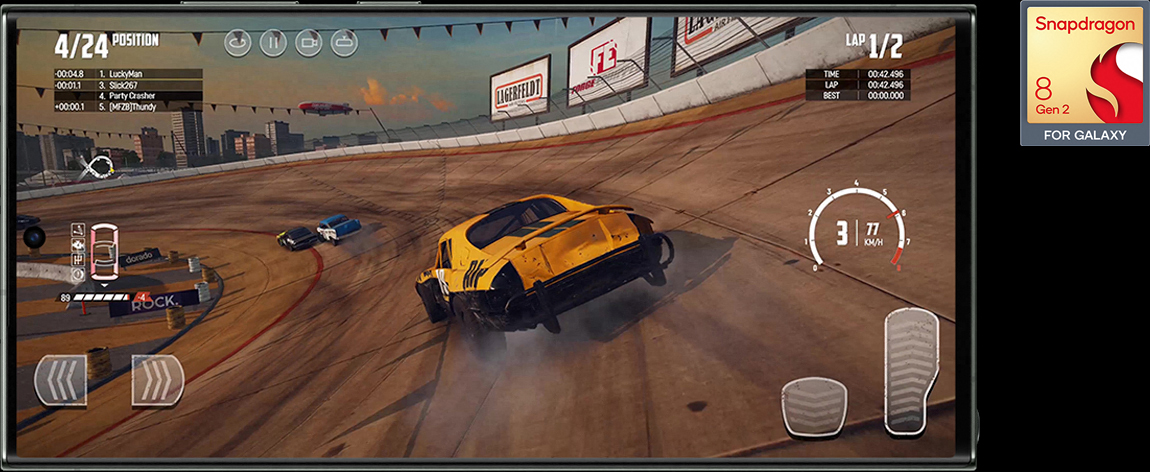 Racerspil på en Galaxy S23 Ultra-telefon og Snapdragon-logo