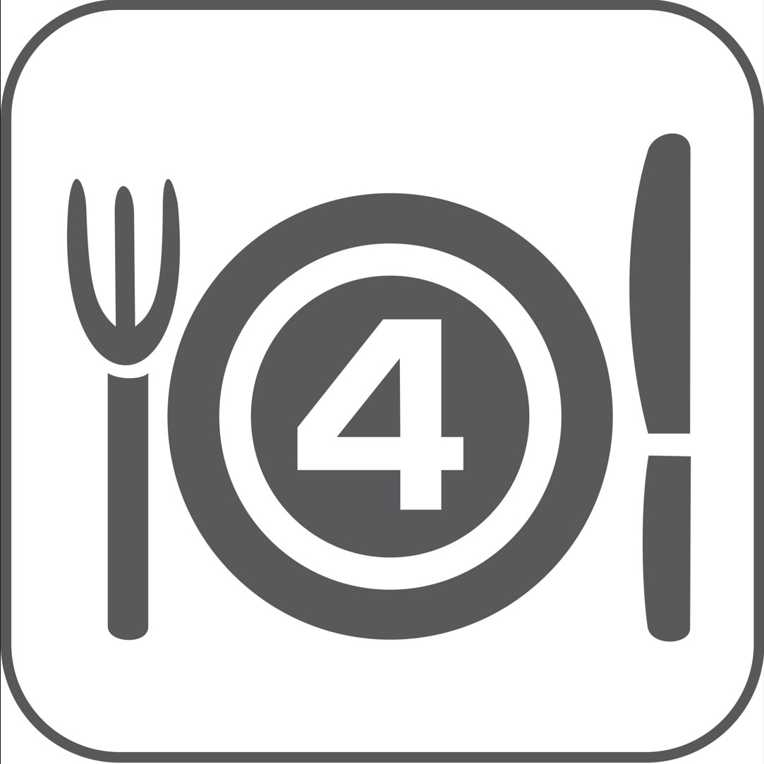 Piktogram af bestik og en tallerken med tallet 4 på