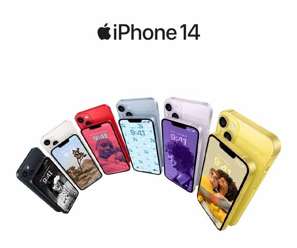 Apple iPhone14 and 14 Plus in all the colour options; black, white, red, blue, purple and yellow