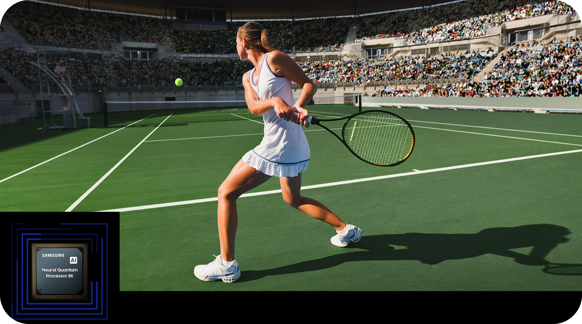 Samsung TV med Neural Quantum Processor 8K og en pige, der spiller tennis