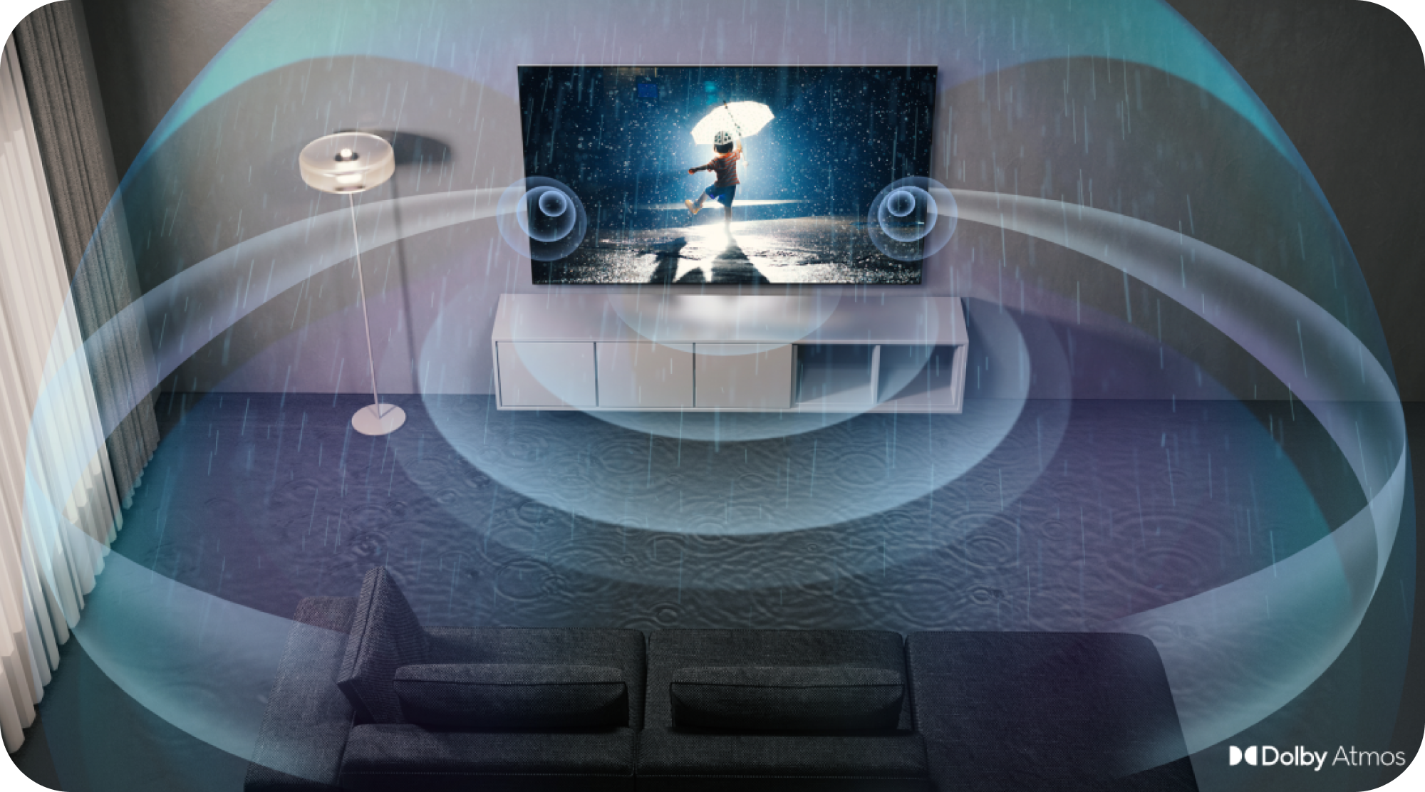 Samsung TV med Dolby Atmos og lydbølger rundt i lokalet
