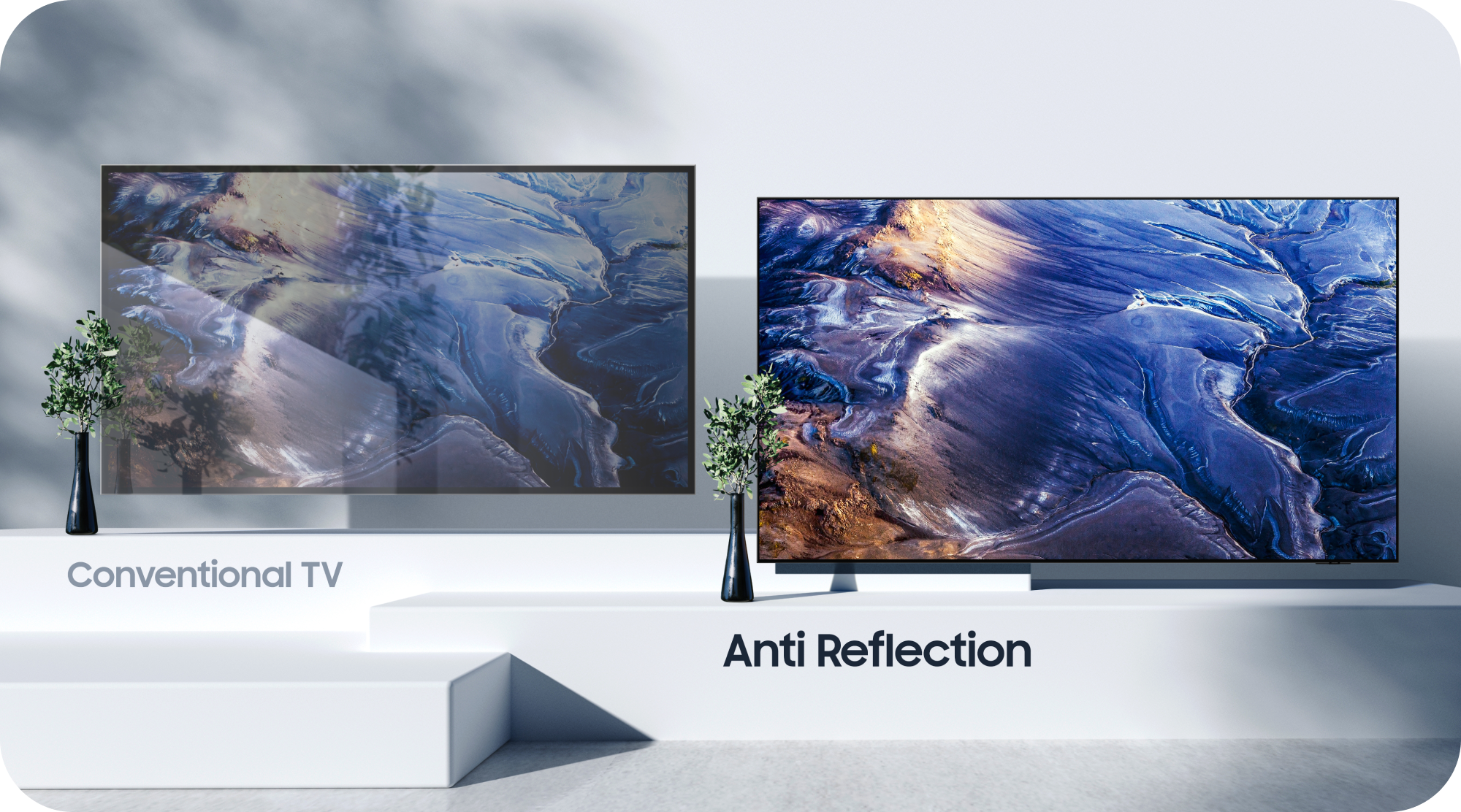 Sammenligning med Samsung TV med Anti Reflection og et almindeligt TV