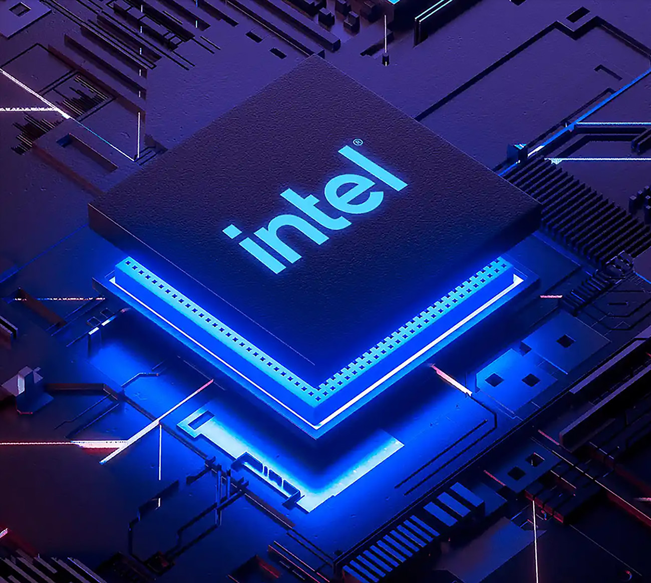 Illustration af en Intel-chip på et motherboard med blåt lys