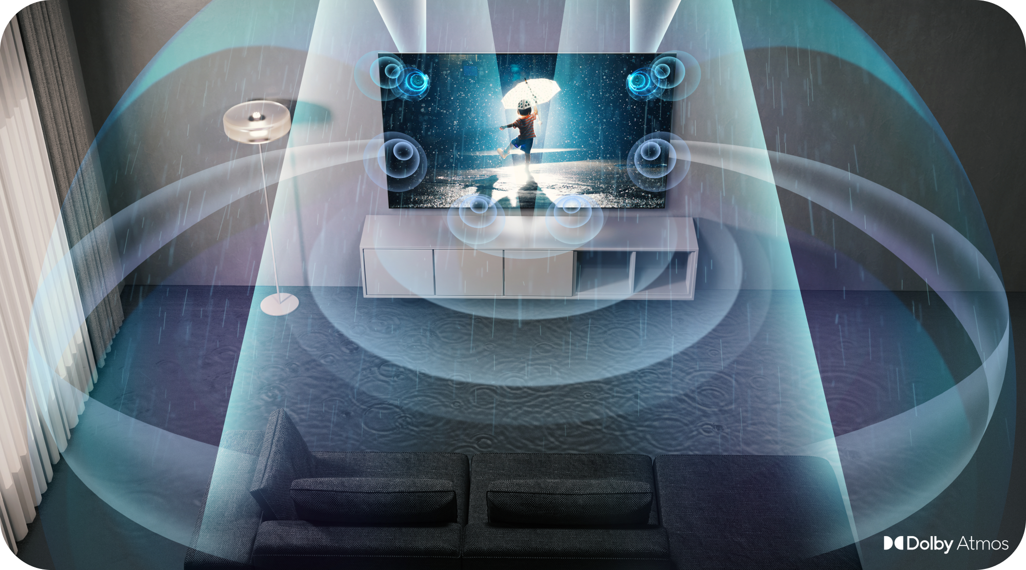 Dolby Atmos illustration i en stue illustreret i blåt