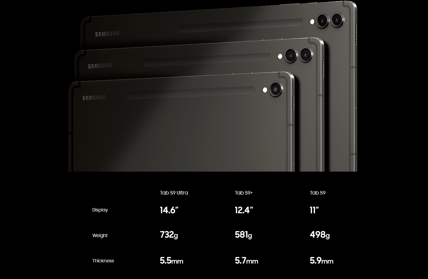 Illustration af Galaxy Tab S9-serien i tre forskellige størrelser