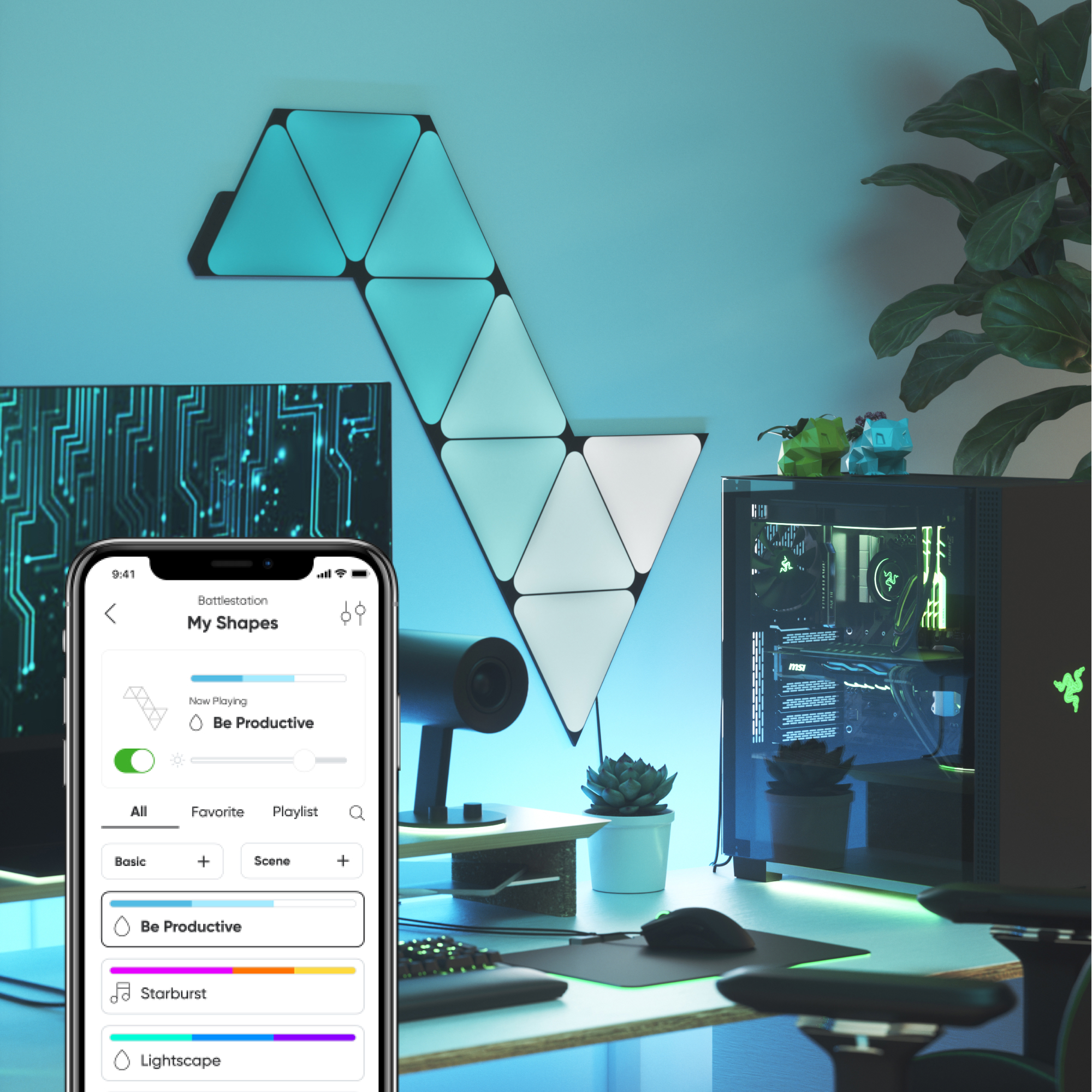 Nanoleaf Black Triangles på en væg og en smartphone med Nanoleaf-app foran