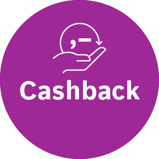 Rundt lilla billede, med teksten cashback