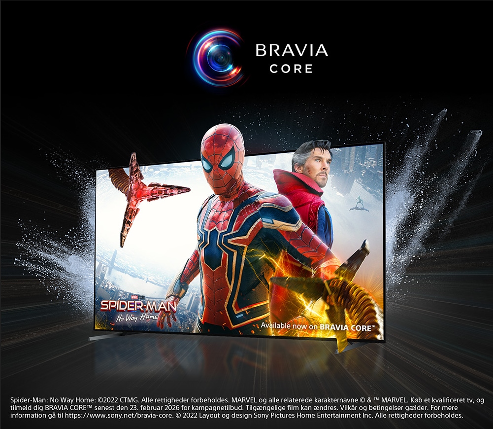 Sony Bravia X90L TV med Spider-Man og Doctor Strange på skærmen og teksten Bravia Core