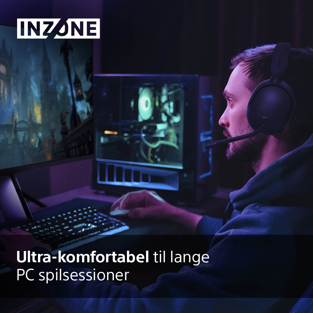 Mand der gamer med Sony INZONE H5 trådløse gaming-høretelefoner og teksten Ultra komfortabel til lange PC spilsessioner