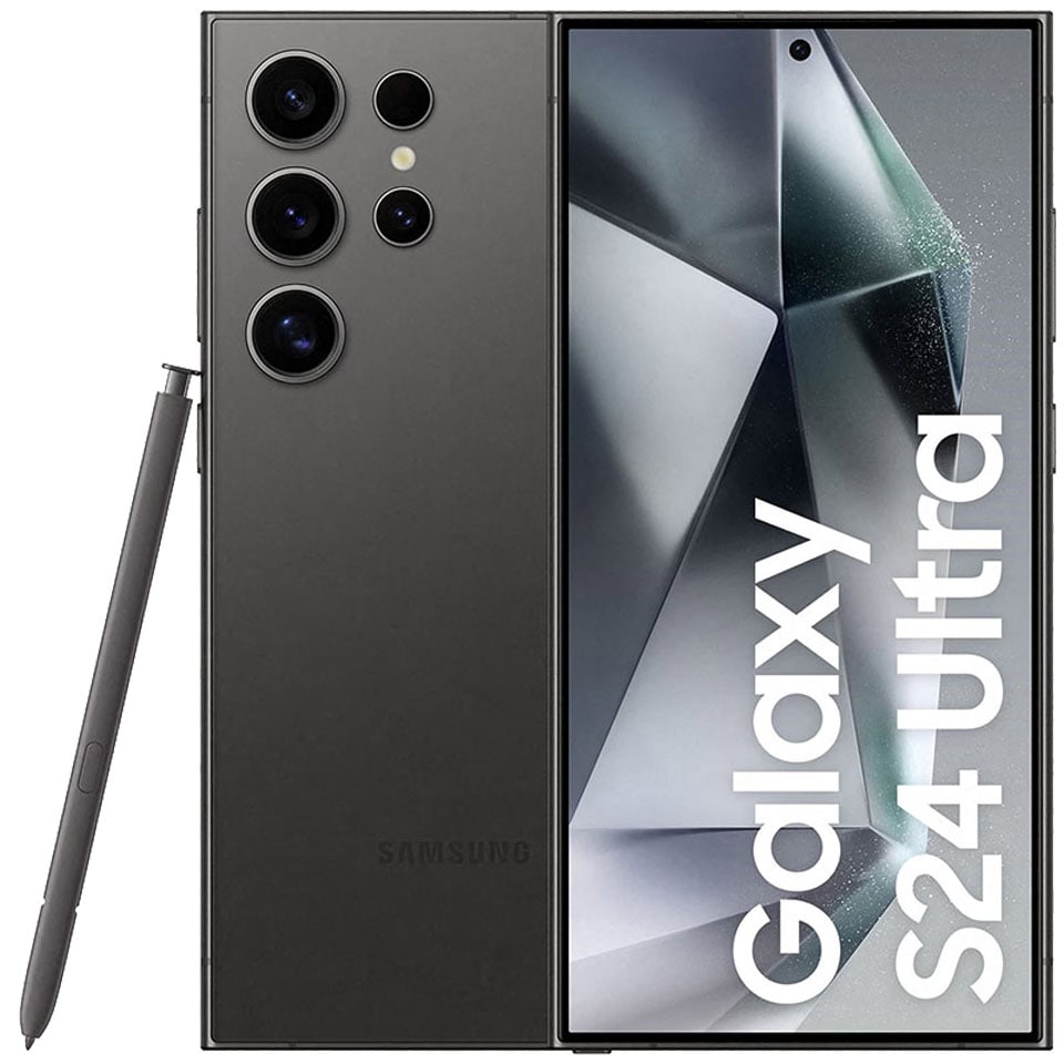 Samsung Galaxy S24 Ultra med S Pen med fokus på bagside og skærm