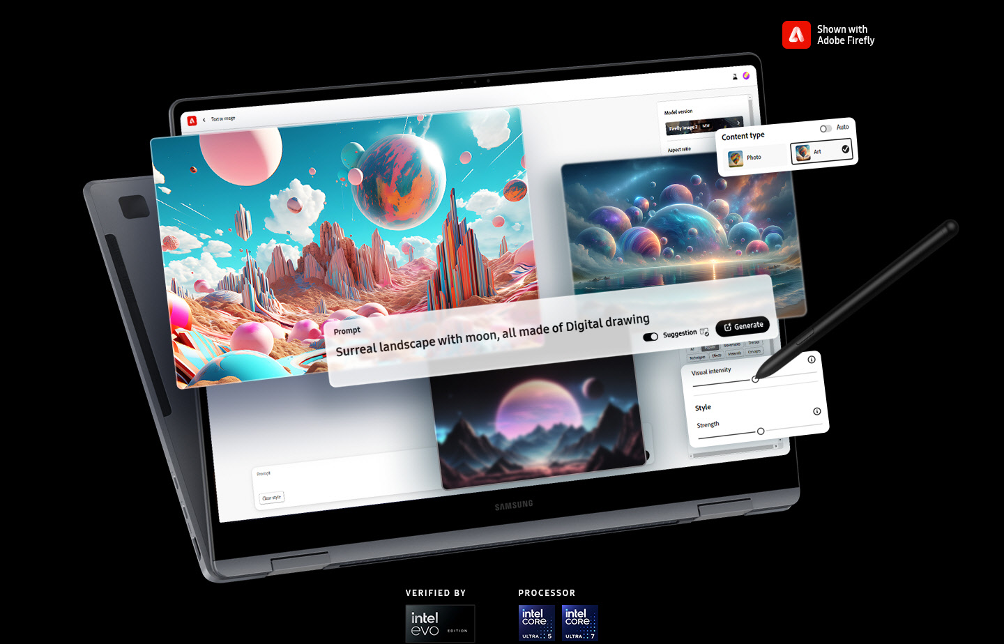 Galaxy Book4 Pro 360 med Adobe Firefly-appen på skærmen