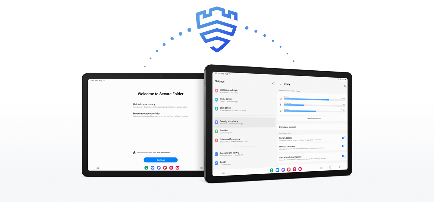 To Galaxy Tab A9-enheder med et skjold-ikon over