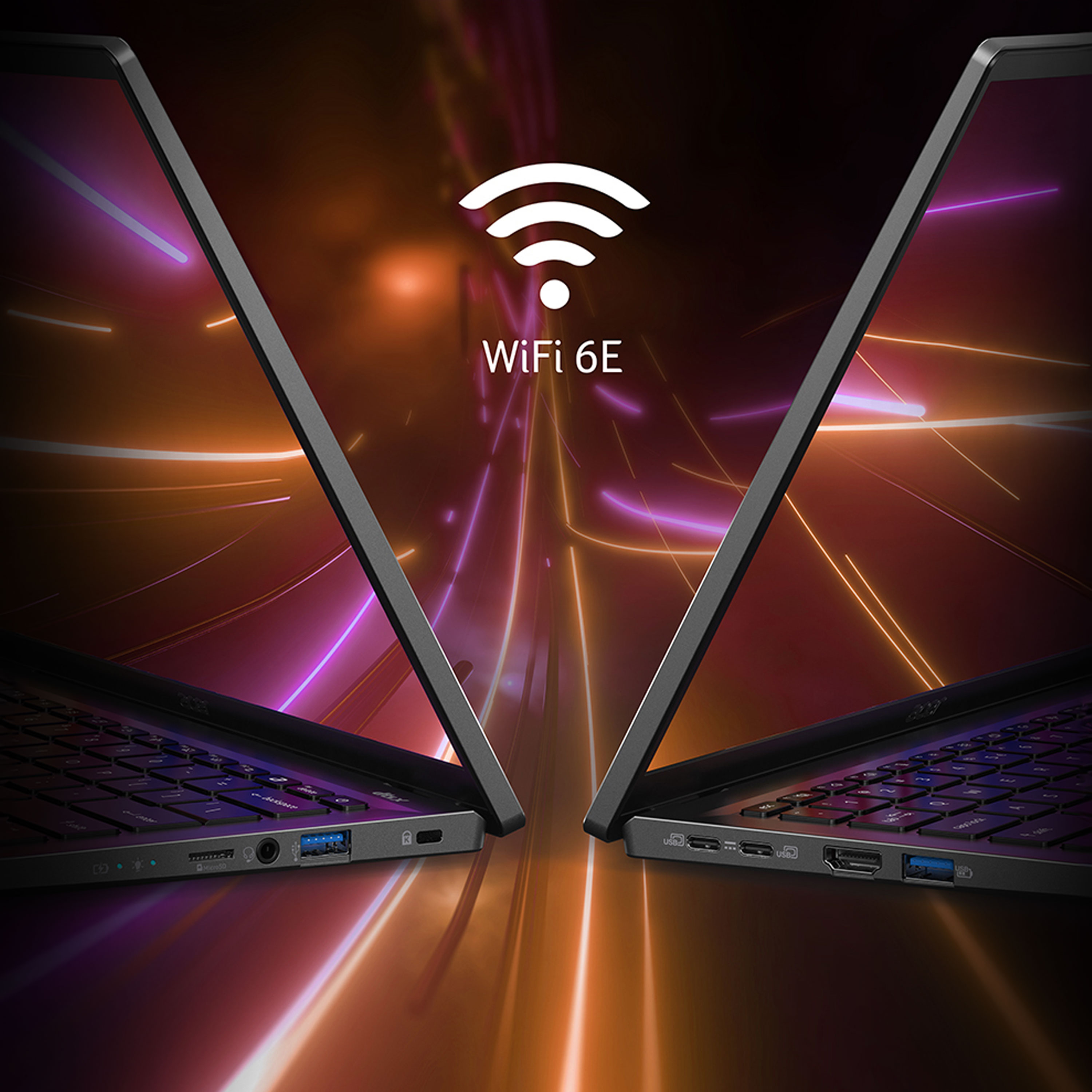 Acer Swift Go 14 bærbar computer på mørk baggrund og WiFi 6 logo