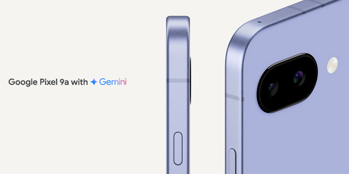 Google Pixel 9a-mobilen og teksten: "Google Pixel 9a with Gemini"