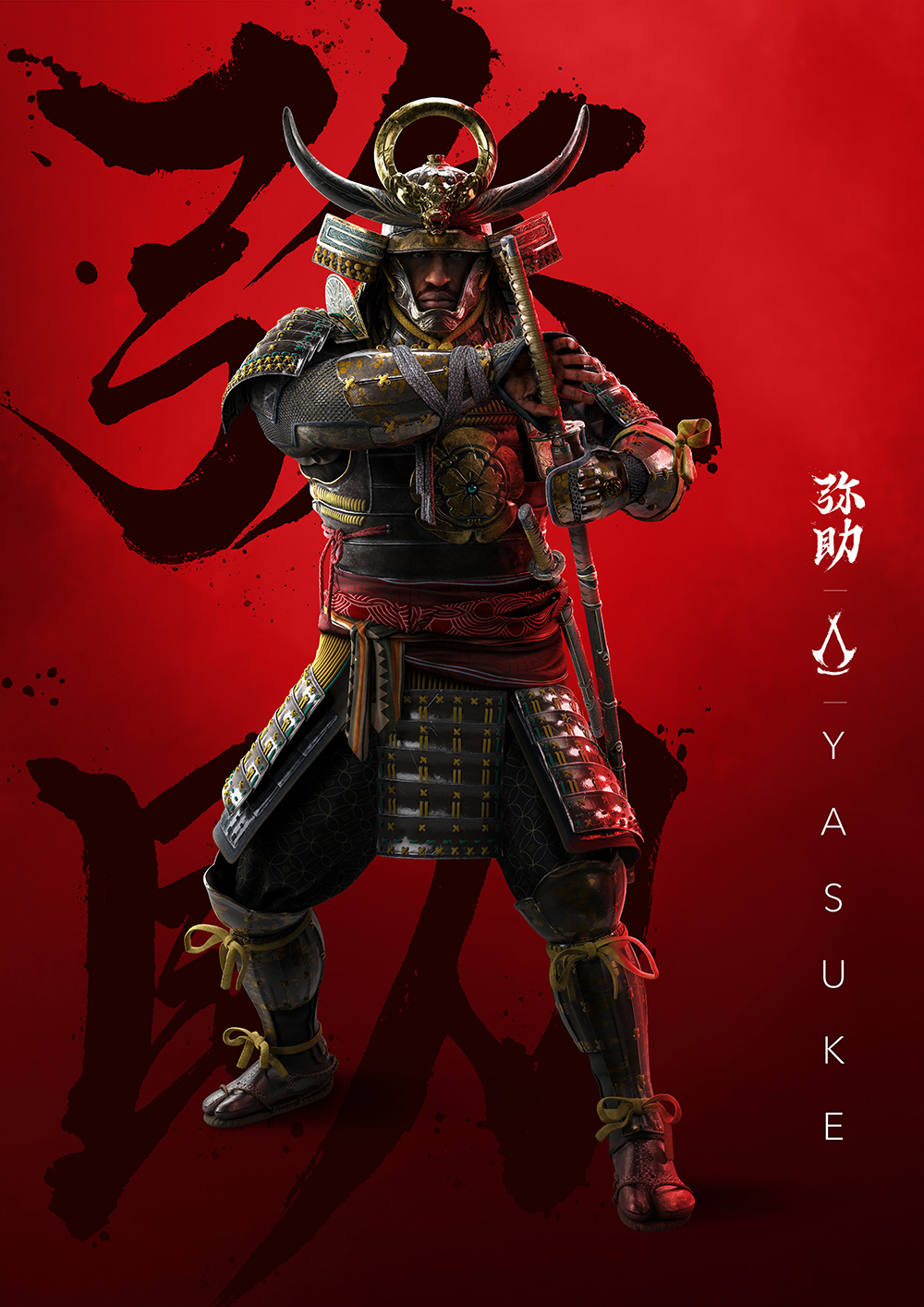 Assassins Creed Shadows - Yasuke med rød baggrund
