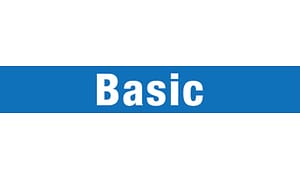 Ordet "Basic" i hvide bogstaver på blå baggrund