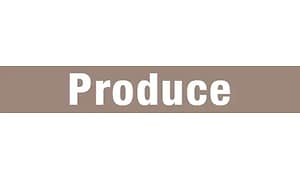 Ordet "Produce" i hvide bogstaver på grålig baggrund