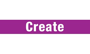 Ordet "Create" i hvide bogstaver på violet baggrund