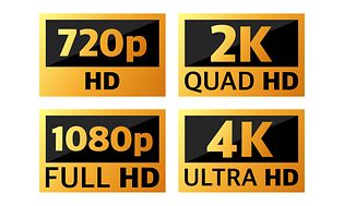 Fire forskellige slags skærmopløsninger - 720 HD, 2K Quad HD, 1080 Full HD, 4K UHD