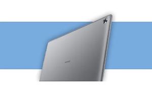 Bagsiden af tablet foran en hvid og blå baggrund