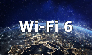 Billede af Europa set fra rummet med wi-fi 6 i hvide blokbogstaver