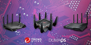 Lyserød og pink banner med tre forskellige routertyper samt logoer fra Trend Micro og DumaOS