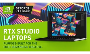 Banner viser en RTX Studio Laptop og teksten: "RTX Studio Laptops, purpose-built for the most demanding creative"