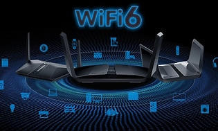 Mørk wi-fi 6 illustration med routere og blå IT-ikoner