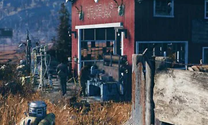 Fallout 76 - game characters in front of a red barn