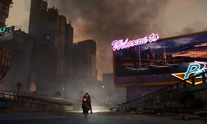Et stor skilt siger Welcome to Night City i Cyberpunk 2077