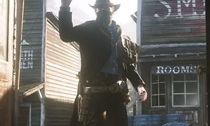 Red Dead Redemption 2 - en mand, der skyder en pistol, når han går ind i en salon