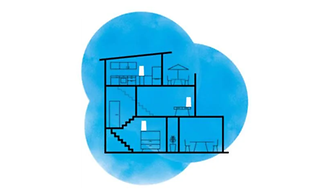 Blå illustration af wi-fi signalet i et hus med mesh netværk