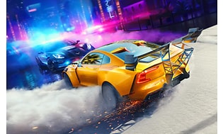 Need for Speed HEAT - en sort og en gul bil om natten i et lilla bybillede