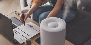 Luftfugter ved siden af kvinde, der arbejder på sin laptop