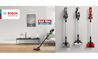 Bosch Unlimited i et rum med Bosch logo og ”Råd og Rön” samt 3 Bosch Unlimited støvsugere