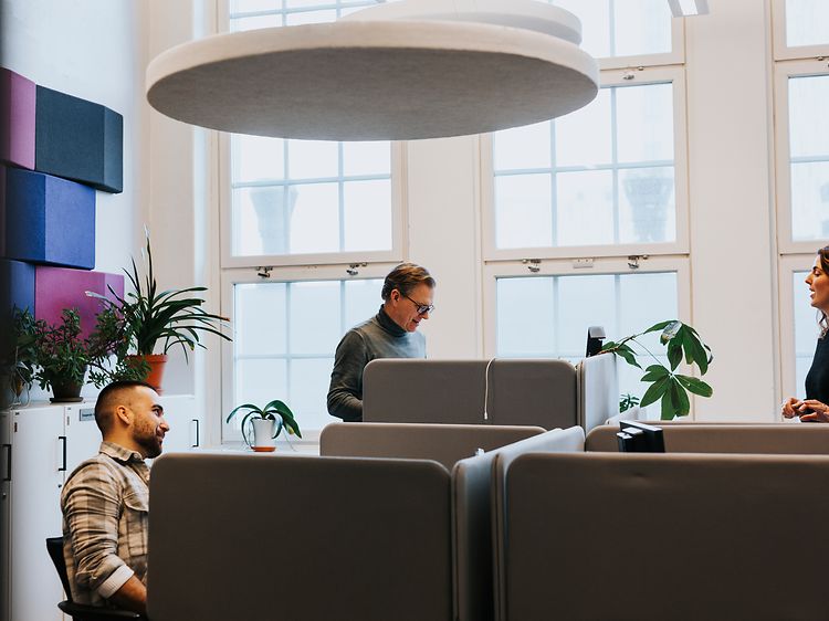 To mænd og en kvinde på et kontor bag deres skriveborde