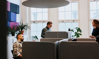 To mænd og en kvinde på et kontor bag deres skriveborde
