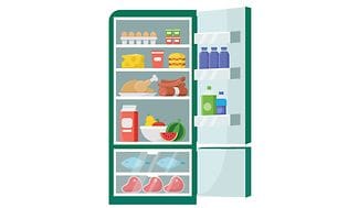 Illustration af åbent køleskab med varer i