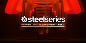 Nærbillede af SteelSeries mekanisk tastatur med citat fra PCGamer