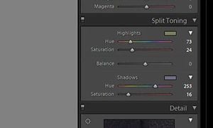 Nærbillede af Adobe Lightroom split toning toolbar