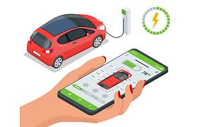 Illustration af en smartphone, der viser en bil og et batteri