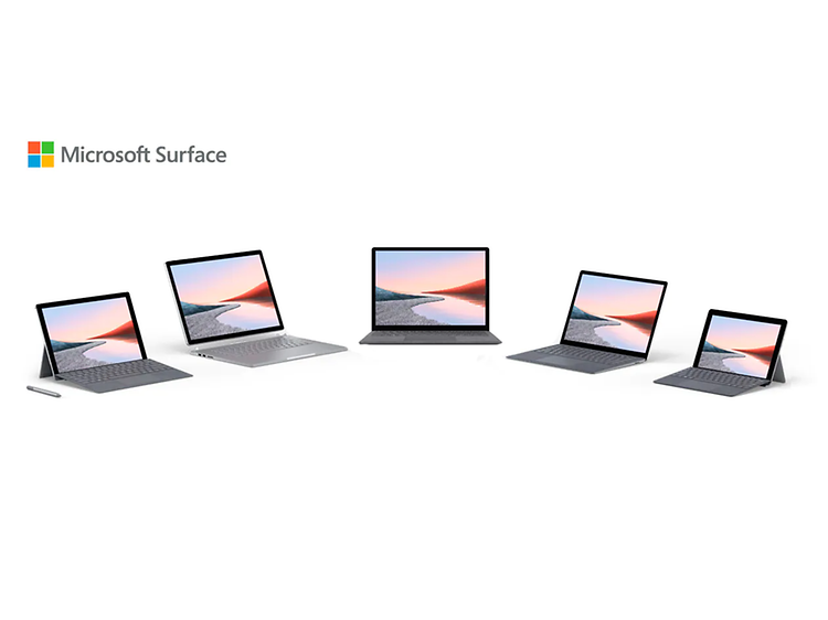 Fem forskellige Surface-computere på hvid baggrund