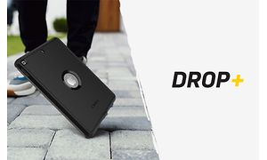 Tablet with case dropped on the ground with the text DROP+