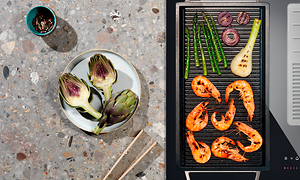 Tallerken med grillede grøntsager og plancha grill