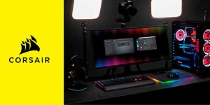 Gaming-tastatur ved siden af et Corsair-banner