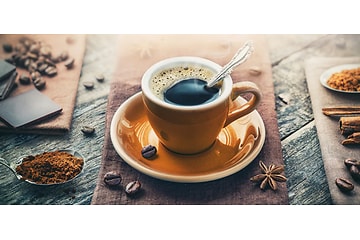 En kop espresso med kaffebønner omkring