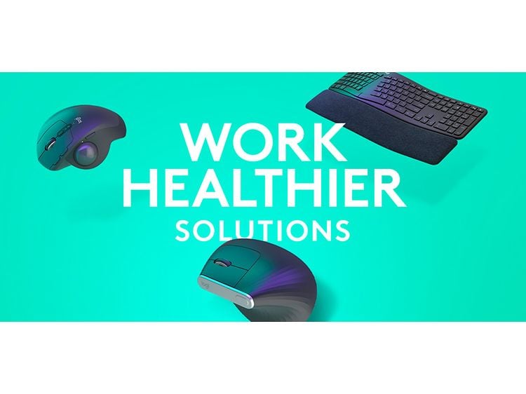 Tastatur og mus på grøn baggrund med teksten "Work healthier solutions"