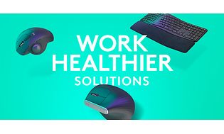 Tastatur og mus på grøn baggrund med teksten "Work healthier solutions"