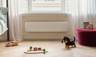 Tøjhund, legetøj og en radiator i et moderne rum