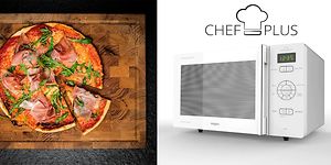 Whirlpool Chef Plus mikrobølgeovn og pizza på et træskærebræt